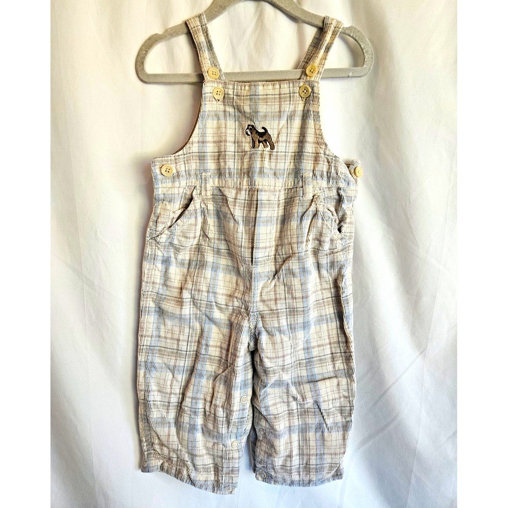 Baby Plaid Overalls 12M Schnauzer Dog Embroidered Lined Cotton Snap Leg